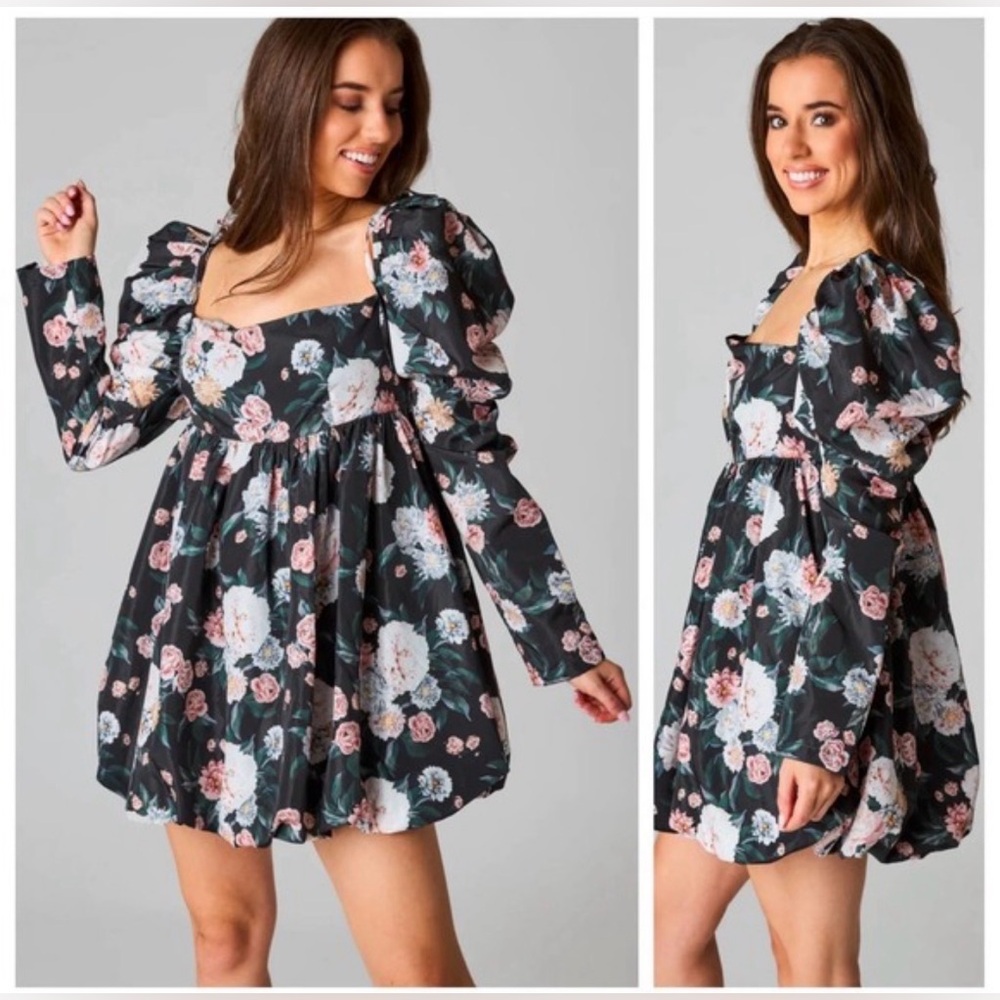 BUDDY LOVE Stassie Puff Sleeve Baby Doll Dress, Medium Floral Square-Neck C46